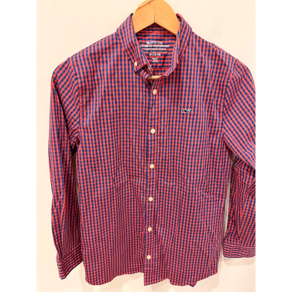 Vineyard Vines Boys M 12-14 On The Go brrr Performance Shirt Red Blue Gingham